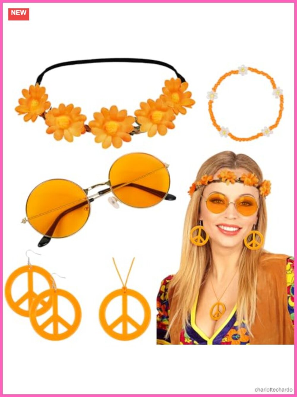 6PC Hippie Costume Accessory Set Headband Necklace Bracelet Sunglasses Earrings